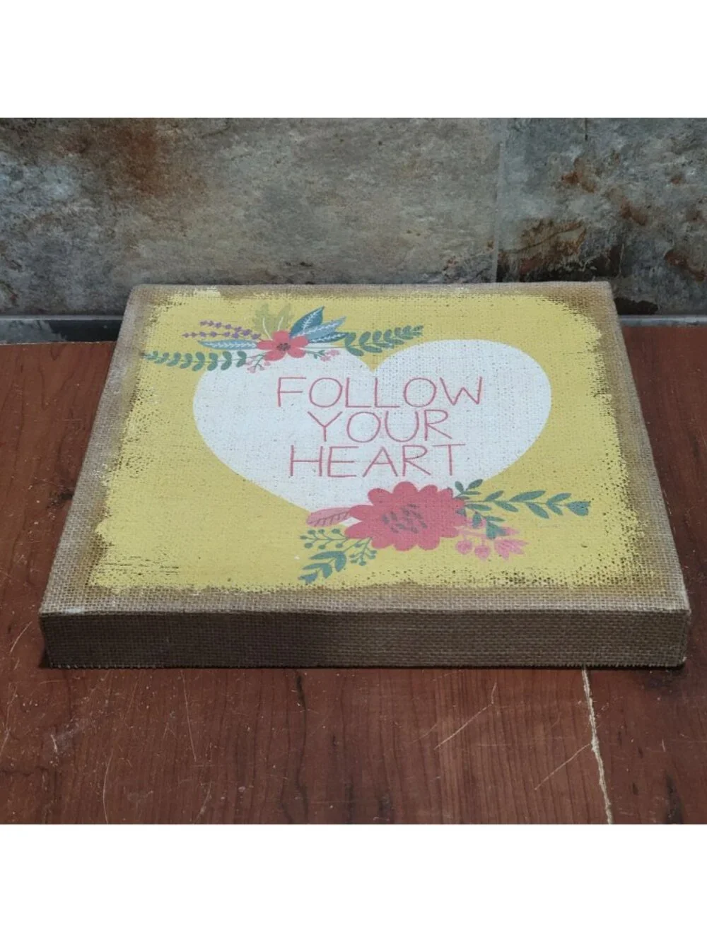 Follow Your Heart Rustic Burlap Canvas Wall Art Floral Heart Love Sign 12 x 12